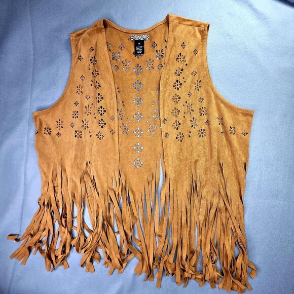 Belle Tweed Jackets & Blazers - Belle Tweed Vest Womens 2X Brown Faux Suede Fringe Boho Festival Western Floral